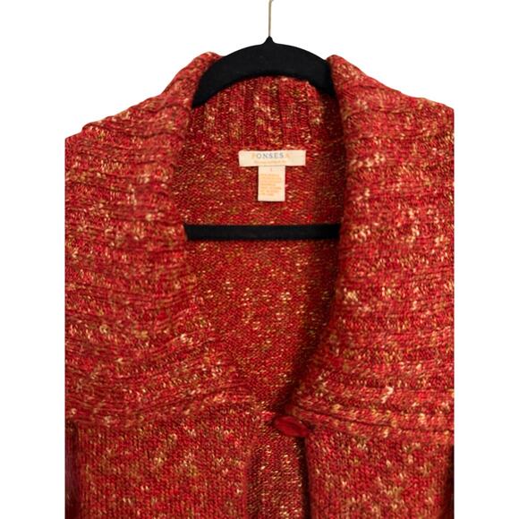 Ponsesa Women's Large Boho Multicolored Burnt Red Button Wide Collar Cardigan - Picture 3 of 6